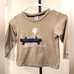 Boys 3t tan long sleeve with embroidered canoe shirt. Good condition.
